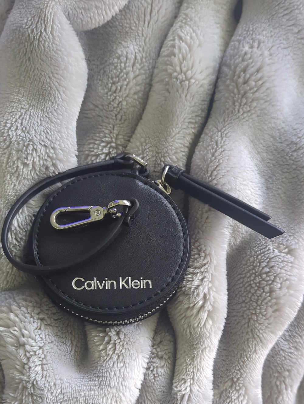 Calvin Klein Black Round Leather Coin Case with Wrist Strap NWOT